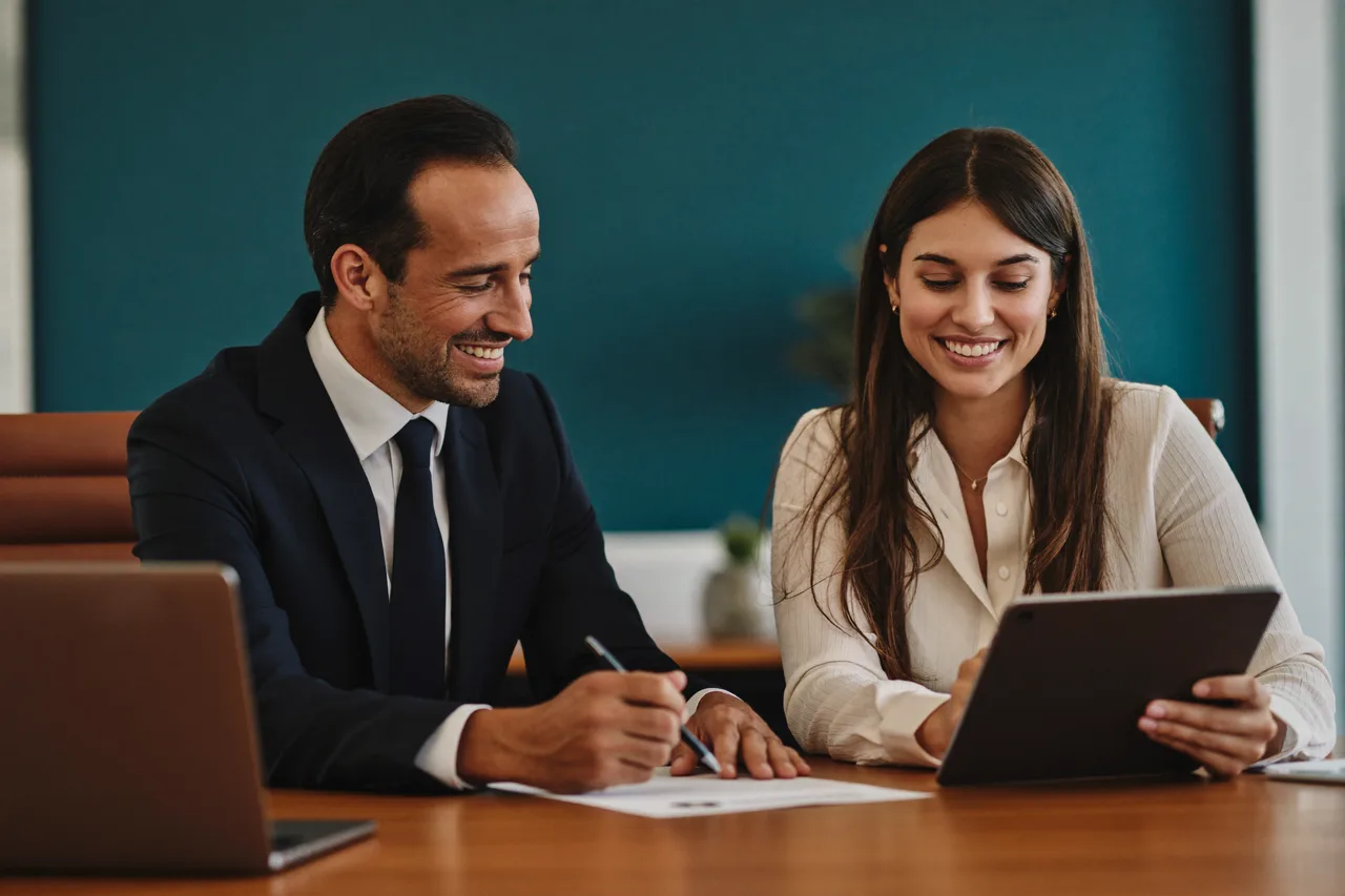 Representante legal y colaboradora de una empresa revisando un contrato en una tablet